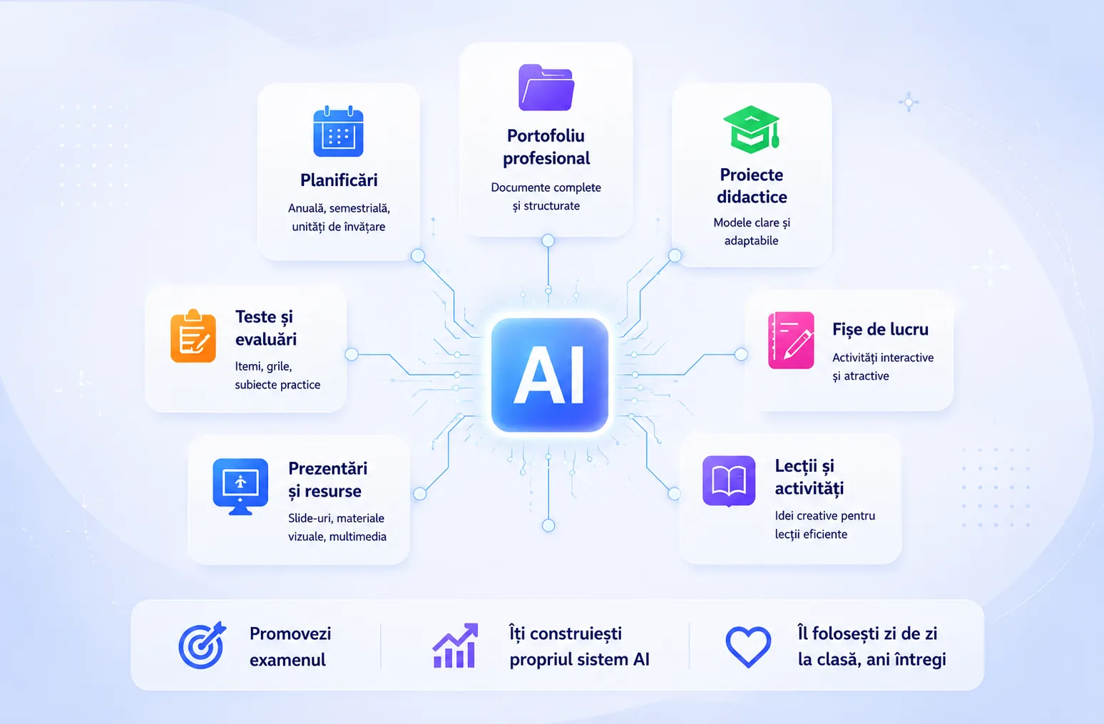 Planificări, portofoliu profesional, proiecte didactice, teste, fișe de lucru, prezentări și lecții, legate între ele printr-un nucleu AI