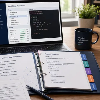 Laptop cu un program în C++ deschis, lângă un biblioraft cu proiectul didactic