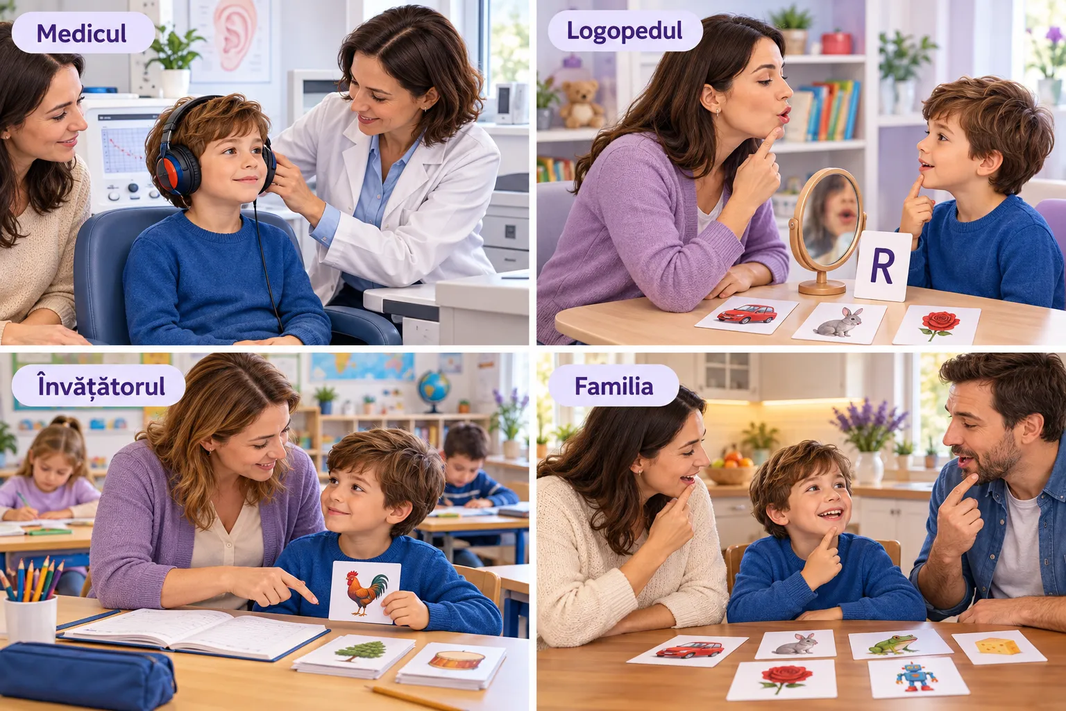 Patru imagini cu același elev: la medic, examinarea auzului cu căștile audiometrului; la logoped, exerciții de pronunție a sunetului r în fața oglinzii, cu cartonașe ilustrate; în clasă, învățătoarea lucrează cu el pe cartonașe; acasă, părinții repetă cu el exercițiile
