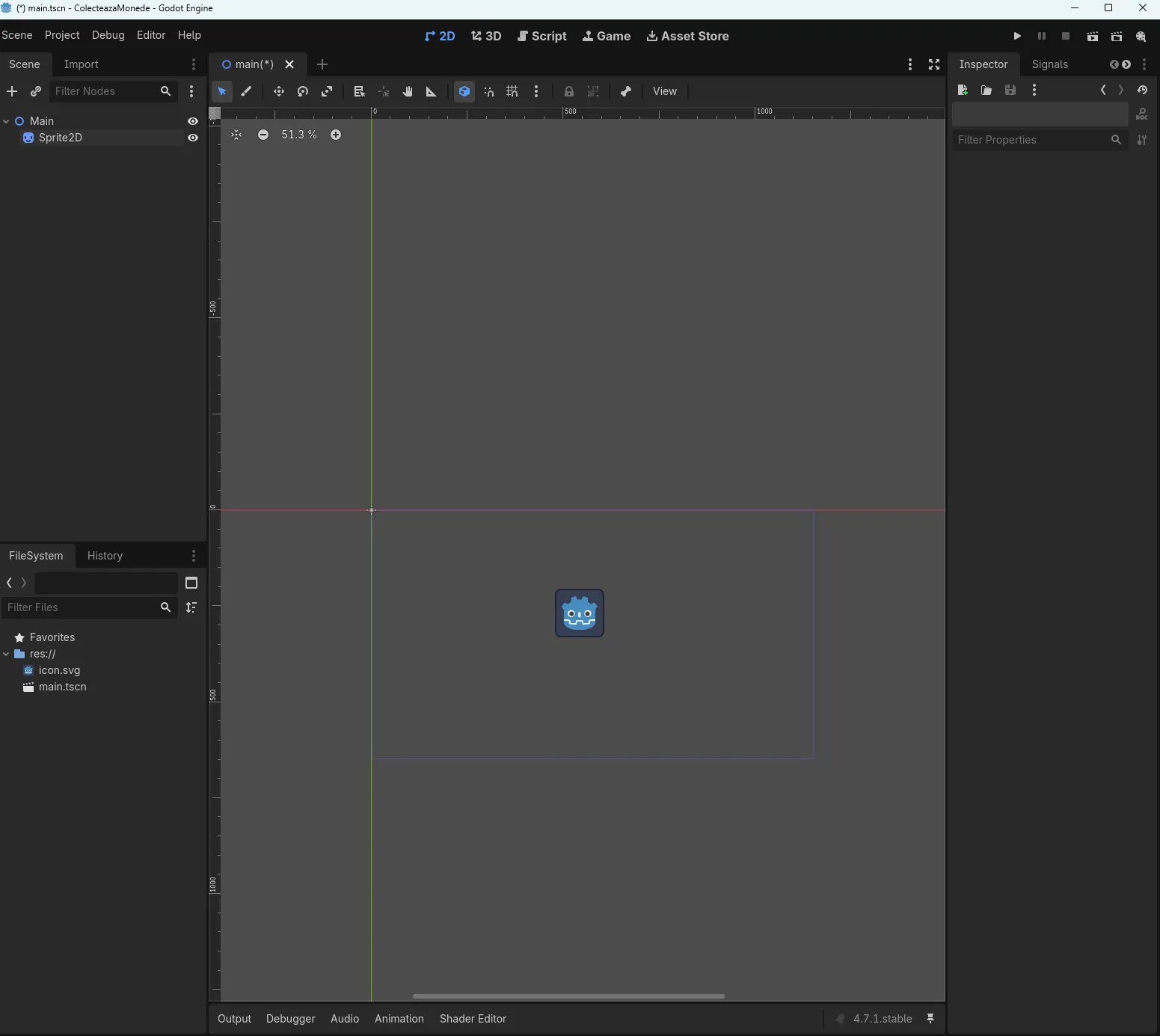 Editorul Godot cu robotul albastru mutat în interiorul dreptunghiului albastru din Viewport