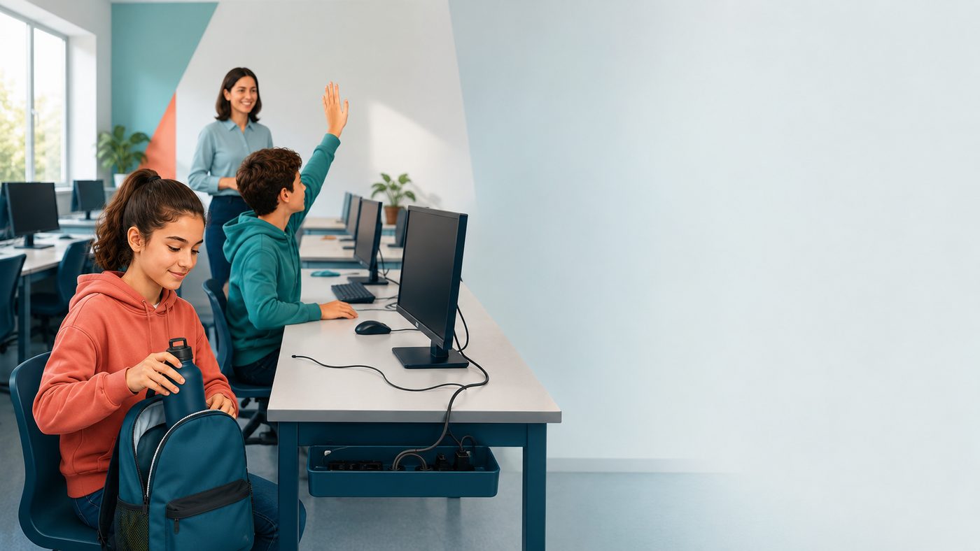 Elevi la calculatoare în laboratorul de informatică, cu ghiozdanele așezate lângă bancă și profesoara în clasă